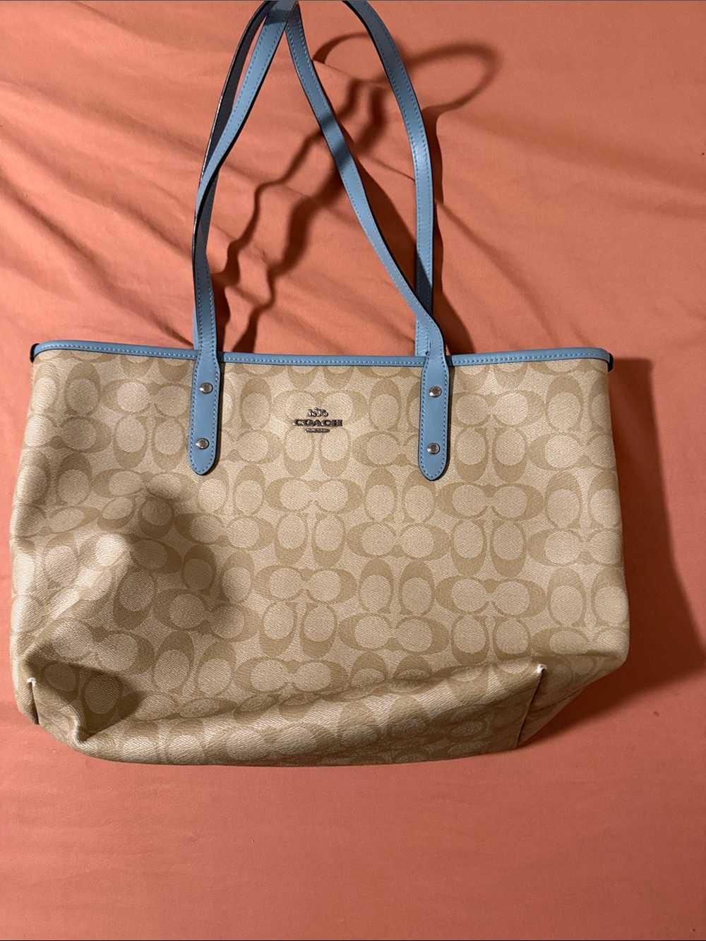 Coach Beige Signature Canvas Tote with Light Blue Trim and Straps